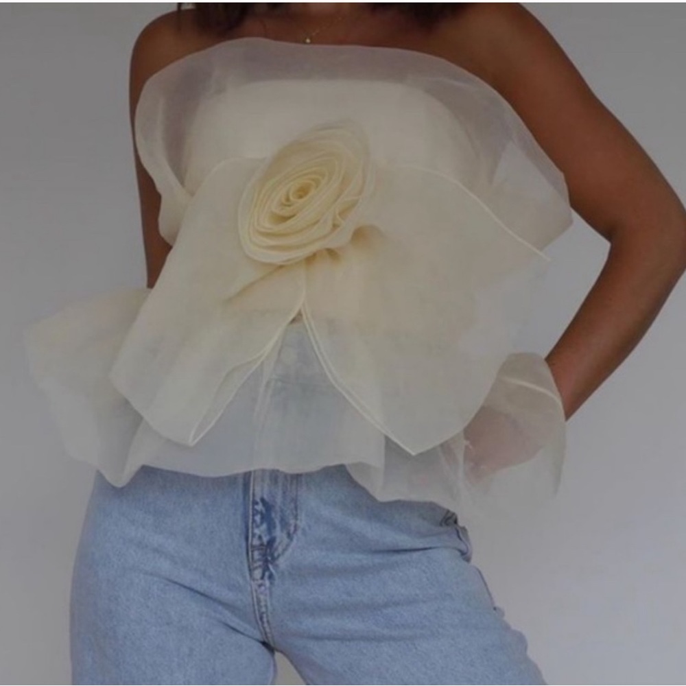 Bloggers Fav zara rose flower oversized organza strapless top size S Ivory cream